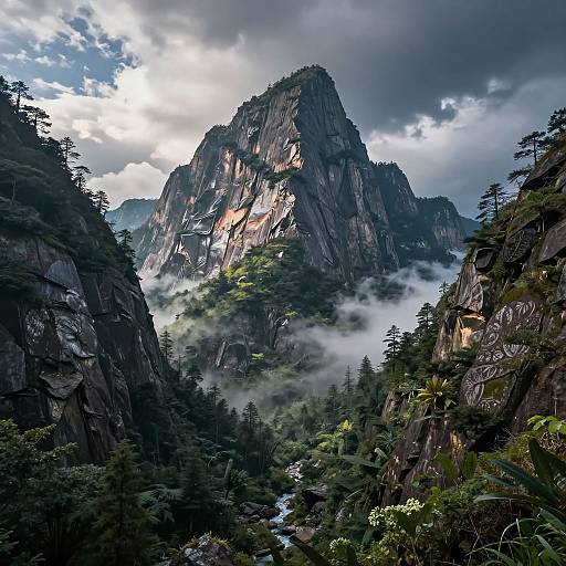 Photograph of a dramatic mountain peak with rugged, dark rock cliffs, surrounded by misty forest and pine trees, under a cloudy sky.