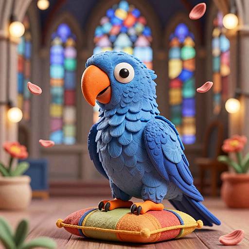 Claymation Cobalt-Blue Parrot in Cathedral