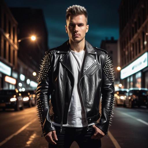 Man in Spiky Leather Jacket on Night City Street