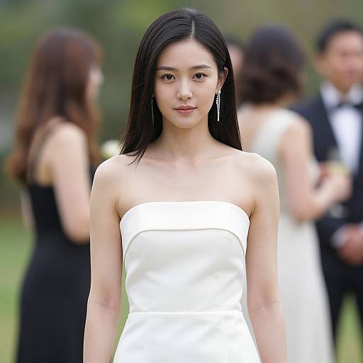 Photograph of an East Asian woman with long black hair, wearing a strapless white dress and earrings, standing in a blurred outdoor event with other formally