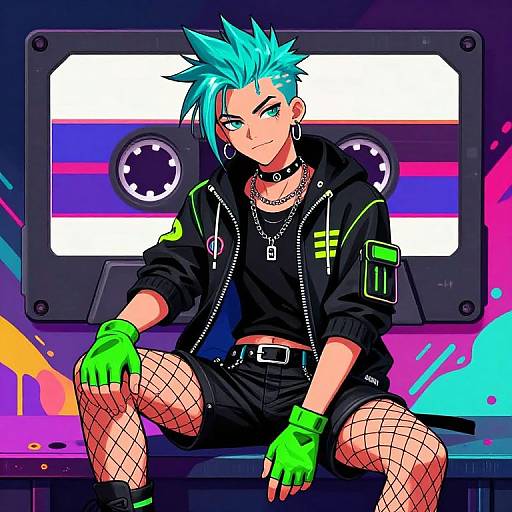 Digital anime-style drawing of a punk boy with turquoise spiky hair, neon green gloves, fishnet stockings, black hoodie, and shorts, sitting before