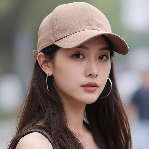 Photograph of an Asian woman with long black hair, wearing a beige baseball cap, large hoop earrings, and a black top, standing outdoors with a