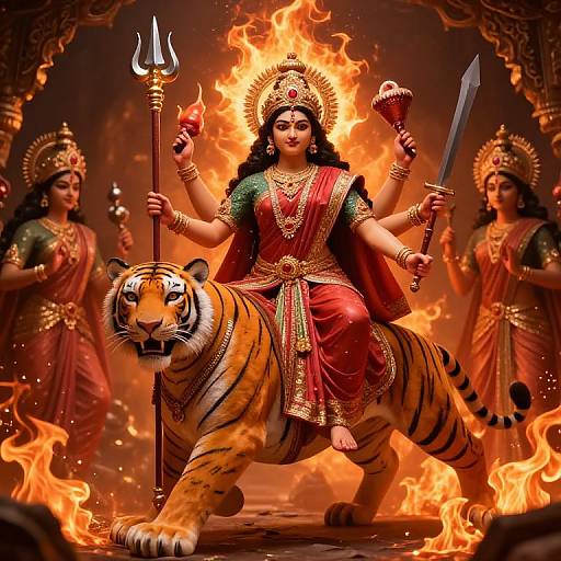 Digital artwork of a fiery, multi-armed goddess with dark hair, red sari, and gold jewelry, riding a tiger, flanked by two
