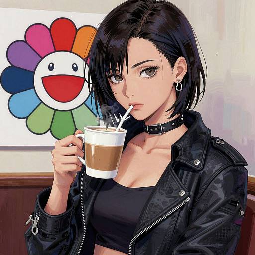 Digital anime-style drawing of a black-haired woman with short hair, wearing a black choker, leather jacket, and black top, sipping coffee with
