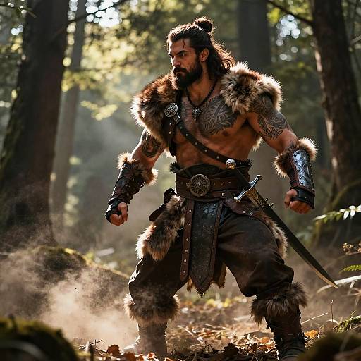 Photograph of muscular, bearded man in fur and leather tribal warrior attire, standing in sunlit forest, sunlight filtering through trees.