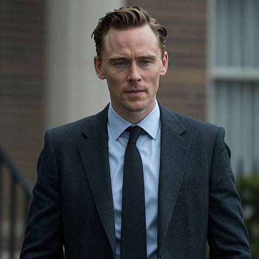 Photograph of Matthew McConaughey in a dark gray textured suit, white shirt, and black tie, standing outdoors with a serious expression. Background