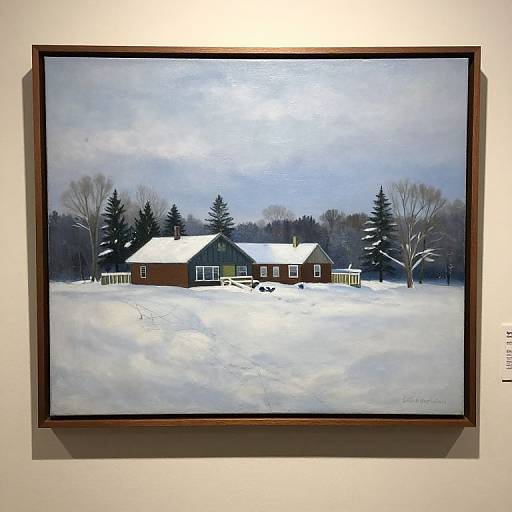 Photograph of a winter landscape painting featuring a snow-covered red-brick house with green shutters, surrounded by snow-laden trees, in a wooden