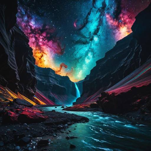 Bioluminescent Canyon Under Vivid Galaxy