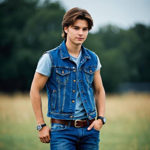 Young Man in Denim Vest Outdoors