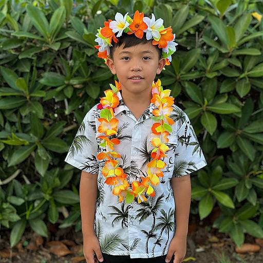 Photograph of a young Asian boy wearing a floral headband and lei, white shirt with black palm tree print, standing in front of lush green foliage
