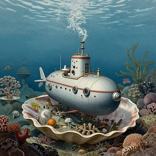 Photorealistic digital illustration of a vintage submarine with smoke rising, nestled in a vibrant coral reef, surrounded by sea creatures and colorful corals, set