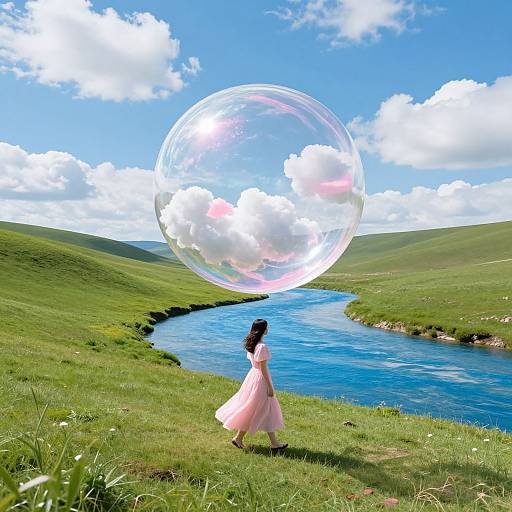 Photograph of a young woman in a pink dress blowing a giant, rainbow-tinged bubble over a grassy, blue river valley under a bright