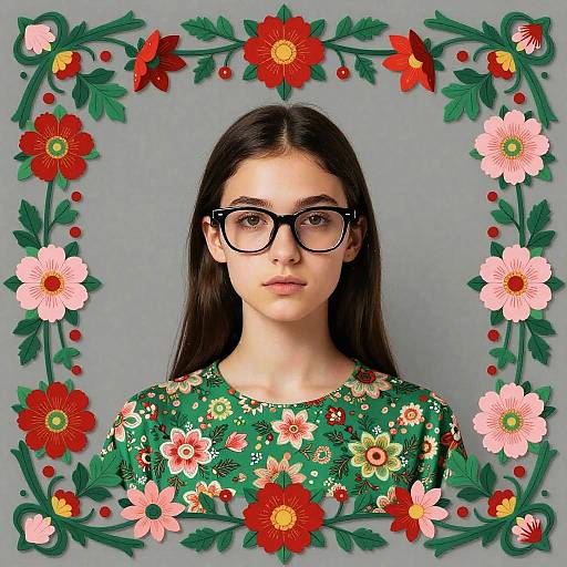 Young Woman with Ornate Floral Border
