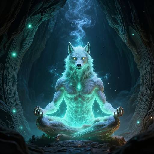 Digital artwork of a glowing, muscular, white wolf meditating in a mystical blue cave, with ethereal smoke and bioluminescent orbs.