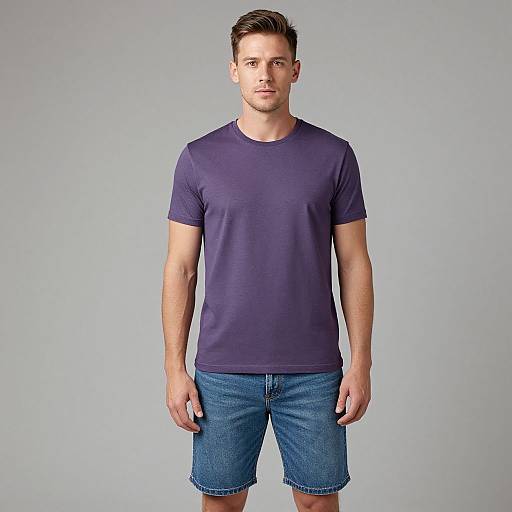 Man in Purple T-Shirt and Denim Shorts