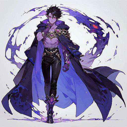 Digital anime-style drawing of a muscular, black-haired male mage with glowing red eyes, black pants, gold-trimmed jacket, and flowing blue-black