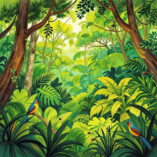 Vibrant digital illustration of a lush jungle with two colorful birds perched on large green leaves, surrounded by towering trees and dense foliage. Bright sunlight