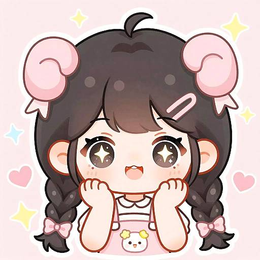 Chibi-style digital drawing of a cute anime girl with black hair in twin braids, pink mouse ears, large sparkling eyes, and a white dress