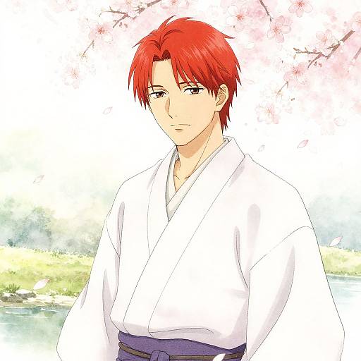 Digital anime-style drawing of a red-haired man with fair skin, wearing a white kimono, standing in a serene, cherry blossom-filled background.