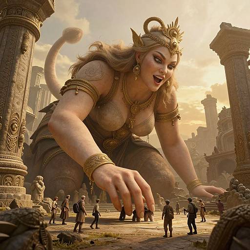 Digital art: Giant, golden-crowned woman with large breasts and intricate jewelry looms over tiny, dressed men in an ancient, sunlit city.