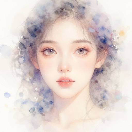 Watercolor portrait of a young woman with soft, delicate features, large blue eyes, and light pink lips, surrounded by a blurred, ethereal blue
