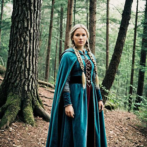Woman in Medieval Dress with Twin Braids in Forest
