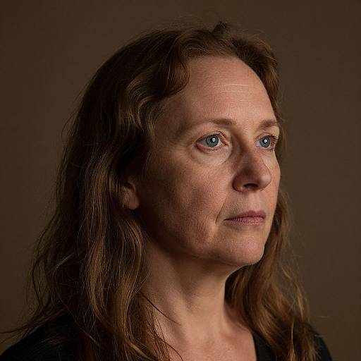 Photograph of a middle-aged woman with long brown hair, fair skin, blue eyes, and a serious expression, set against a dark brown background.