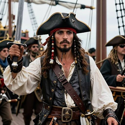 Photograph of a rugged, bearded pirate with long hair, tricorn hat, white shirt, black vest, holding a sword, surrounded by other