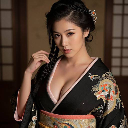 Photograph of an Asian woman with long braided hair, wearing a black kimono with gold and red floral patterns, and a low-cut neckline,