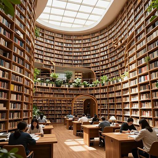 Photograph of a grand, sunlit library with towering wooden bookshelves, potted plants, and students seated at wooden desks, studying.