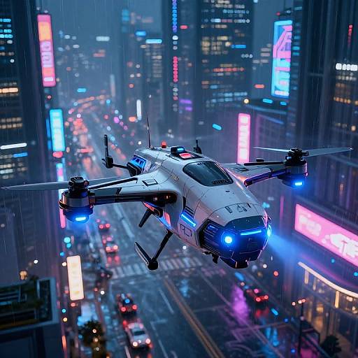 Photograph of a futuristic white drone with blue lights flying over a neon-lit, rainy city street with skyscrapers and glowing billboards.