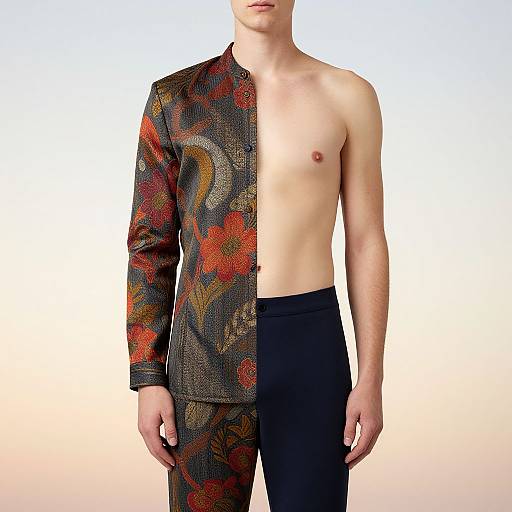 Photograph of a shirtless, fair-skinned man in a patterned, asymmetrical jacket with floral designs, black pants, against a gradient white