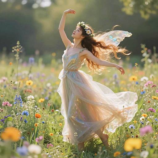 Ethereal Nymph Dancing in Wildflower Meadow