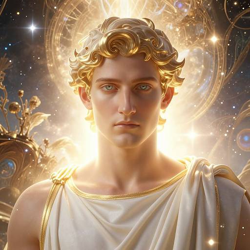 Digital art of a handsome, young, classical Greek god with golden curly hair, blue eyes, and a glowing halo, wearing a white toga against