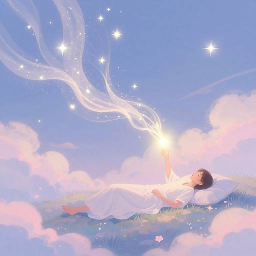 Digital anime-style drawing of a person lying on grass, reaching up towards sparkling stars and ethereal light in a bright blue sky.