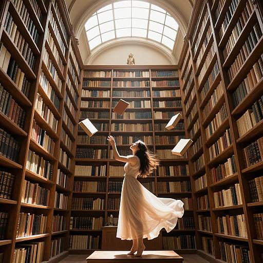 Photograph of a woman in a flowing white dress, dancing in a sunlit library with tall bookshelves, books flying mid-air.