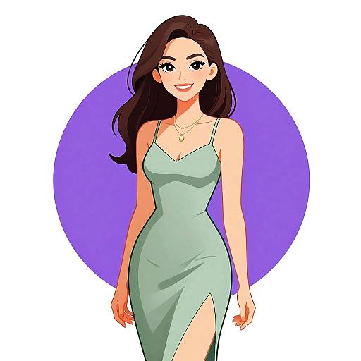 Digital anime-style drawing of a smiling woman with long brown hair, wearing a light green, form-fitting dress with a thigh-high slit, against a