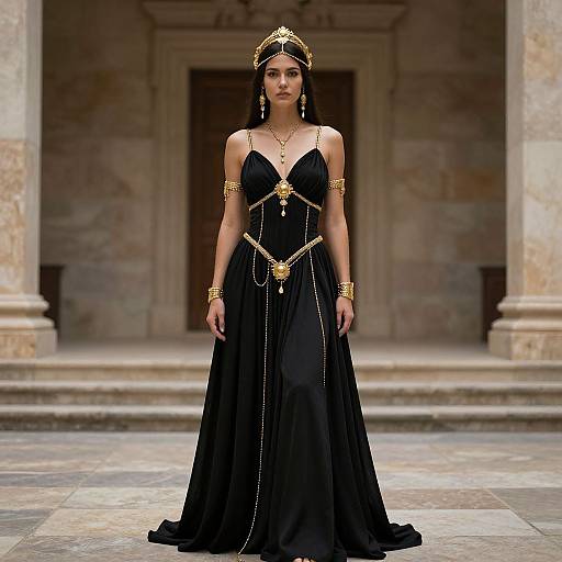 Photograph of a statuesque woman in a black, floor-length, sleeveless gown adorned with gold jewelry and headpiece, standing in a stone-column