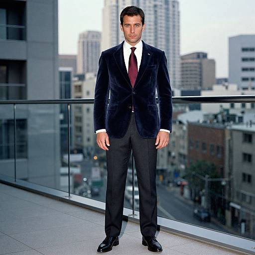 Photograph of a handsome man with short dark hair, wearing a navy velvet blazer, white shirt, red tie, black pants, and black shoes