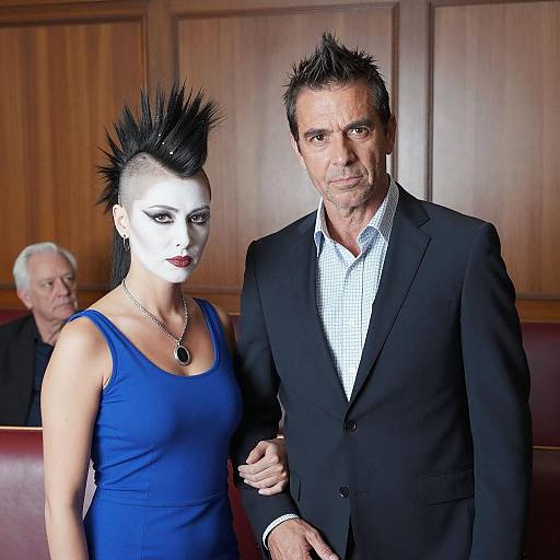 Man and woman with dramatic hairstyle in wooden room