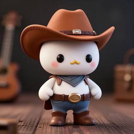 Photorealistic CGI of a cute, chubby white chicken character wearing a brown cowboy hat, blue bandana, denim overalls, and brown boots,