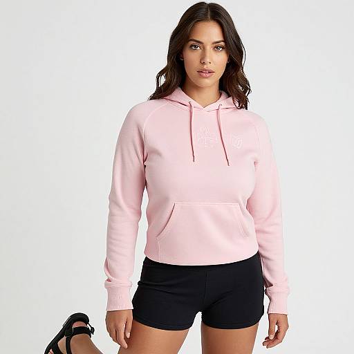Photograph of a young woman with medium skin tone, dark wavy hair, wearing a pale pink hoodie and black shorts, standing against a plain white