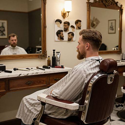 Photograph of a bearded man with short brown hair, wearing a striped barber's cape, sitting in a vintage leather chair in a classic barbers