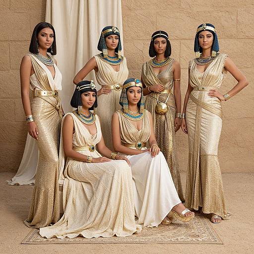 Photograph of five women in ancient Egyptian-inspired gold and white gowns, adorned with jewelry and headpieces, posing against a beige stone wall.