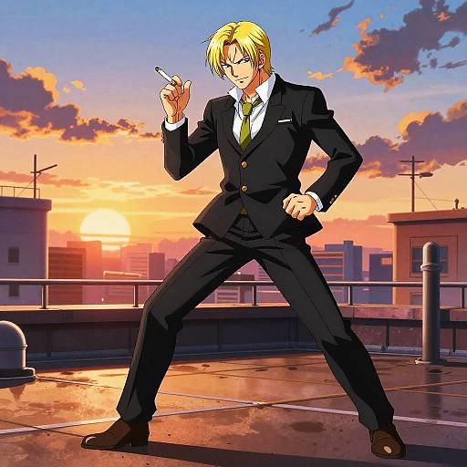Anime-style drawing of a blonde man in a black suit, green tie, holding a cigarette, standing confidently on a rooftop at sunset. Cityscape and
