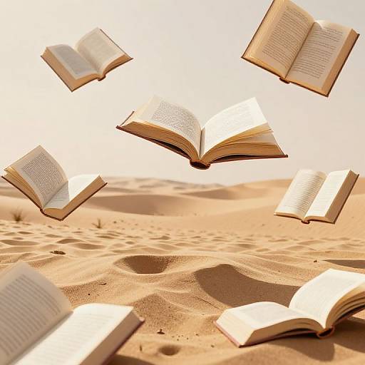 Photograph of six open books floating in a desert with golden sand dunes, sunlight casting shadows on the pages.