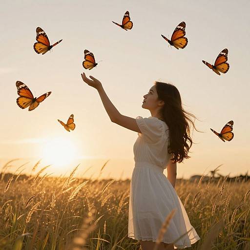 Photograph of a woman in a white dress, silhouetted against a sunset, gently swatting at orange butterflies in a golden field.