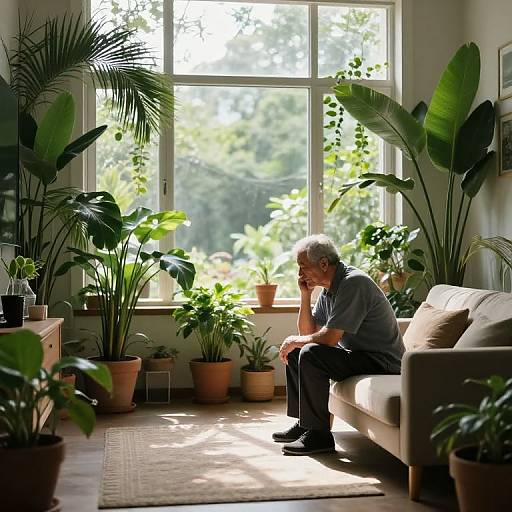 Photograph of an elderly man with white hair, wearing glasses and a gray shirt, sitting pensively on a beige couch in a sunlit room filled
