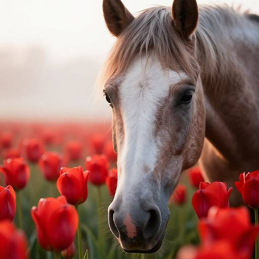 Close-up photograph of a brown and white horse with a white blaze, standing in a vibrant red tulip field at sunset.