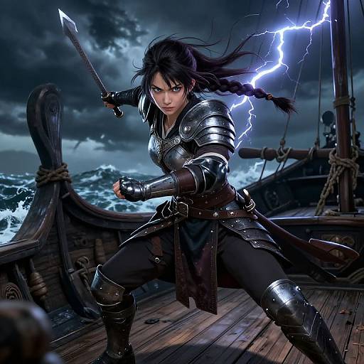 Digital artwork of a fierce, dark-haired female warrior in shining armor, wielding a sword, with lightning bolts in a stormy sea backdrop on a wooden